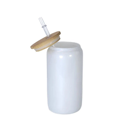 16 oz Sublimation White Glitter Glass Tumbler w/ Bamboo Lid