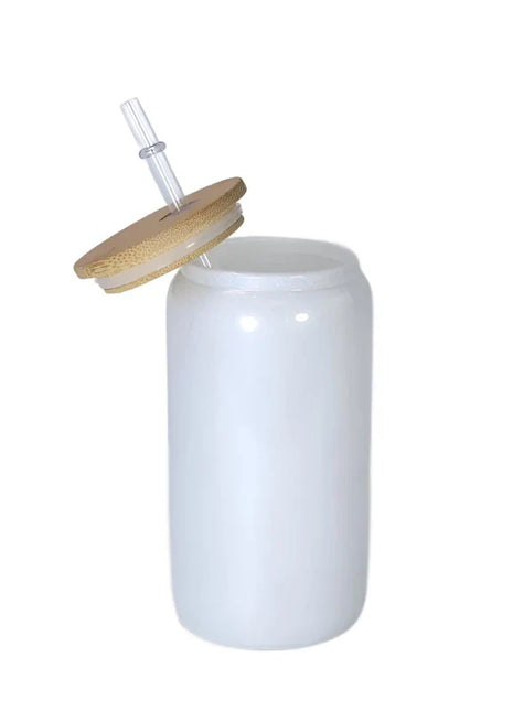 16 oz Sublimation White Glitter Glass Tumbler w/ Bamboo Lid