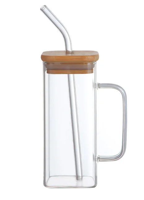 Square Glass Cup with Lid Straw Handle