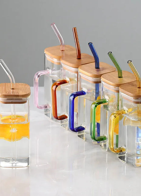 Square Glass Cup with Lid Straw Handle